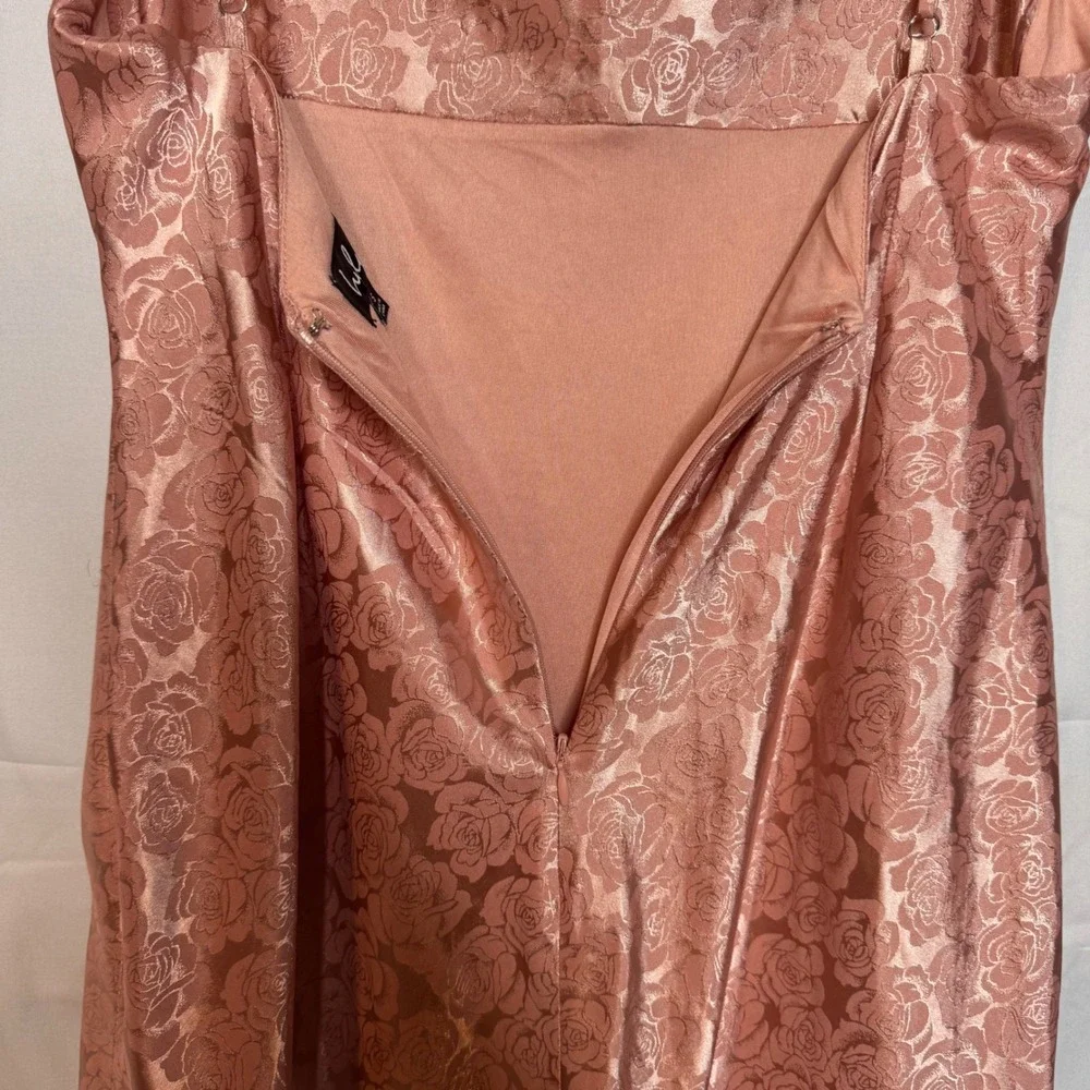 Lulus Rose Gold Floral Jacquard Cowl Neck Satin Midi Slip Dress Sz Small - Picture 9 of 10